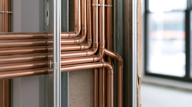 Copper plumbing pipes installed inside interior metal stud wall frame during residential building construction, professional plumber work setup