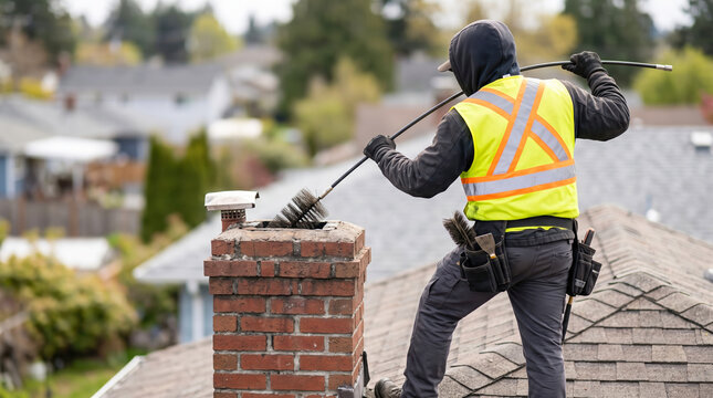 A worker in yellow safety gear stands on a roof. He uses a brush to clean the chimney during daylight. Houses and trees are visible in the background