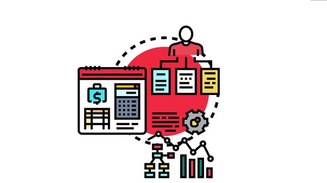 Person icon linking to documents and tasks, a calendar with financial planning and a calculator, and data analysis charts illustrate strategic long term business planning and execution concepts