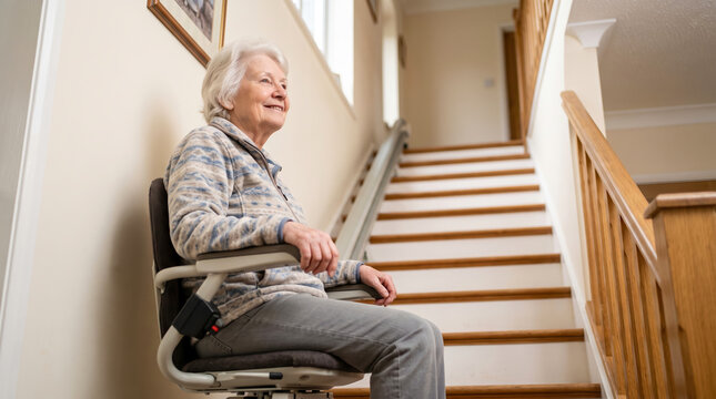 A senior woman sits on a stairlift in a home, preparing to move up a staircase. The environment shows bright lighting and wooden details, indicating it is daytime