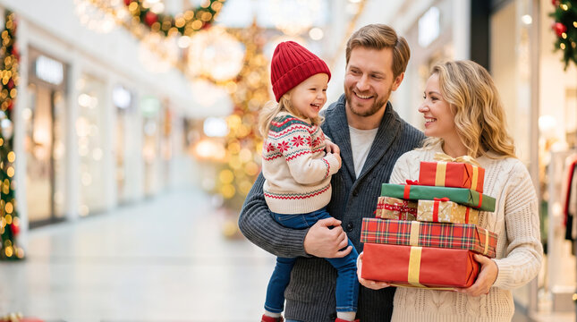 Parents smile while holding their child in a mall during the holiday season. They have gift boxes and bright decorations around them