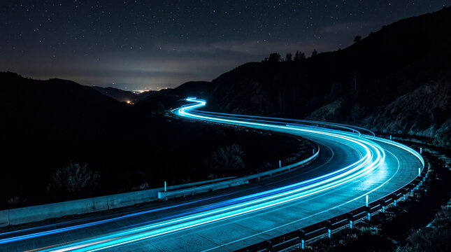 Winding highway illuminated by light trails at night a long exposure photograph