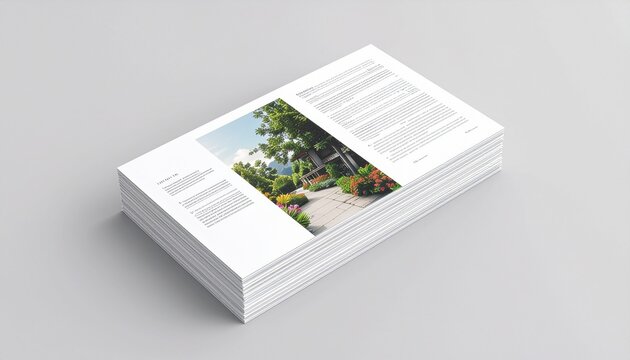 Stack of printed landscape brochures with placeholder text and photo on a light gray background