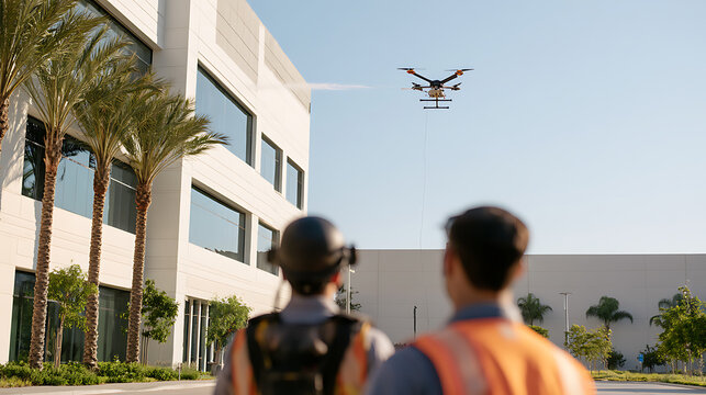 Industrial drone fly near modern office building while expert worker monitor operation outside during sunny day in urban business district area