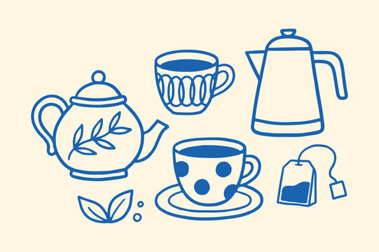 Blue line illustrations depict a teapot teacup and tea bag arrangement