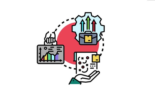 Business concept showing a long term strategy implementation map, featuring elements like planning, analytics, growth, and process management for achieving objectives