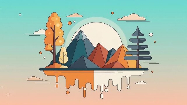 Vector animation of floating island with mountains trees and clouds