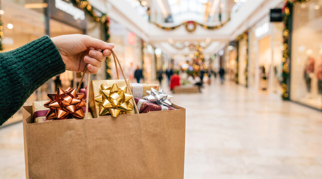 A person is holding a bag with gifts in a shopping mall filled with holiday decorations. Many people walk around as they shop for Christmas
