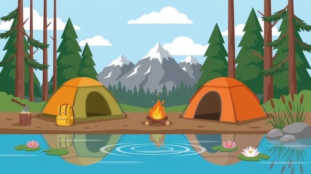Animated vector campsite with burning fire near mountain lake