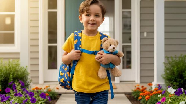 Boy wearing backpack and holding teddy bear walking out of house. Cute kid going to school or preschool on sunny day.