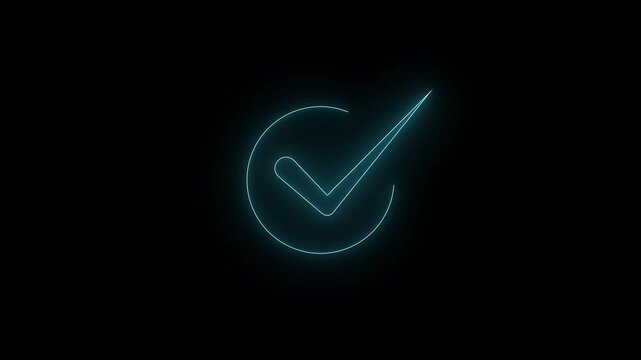Glowing  cyan  neon  checkmark animation on black background. tick symbol animation, success approval correct sign intro template.