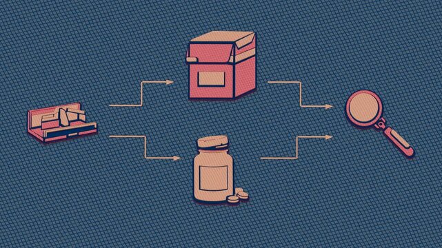 Stock rotation places new deliveries behind older packs, routing near-expiry items to a separate review before the paths rejoin. Flat 3D style drawn over in pen and marker.