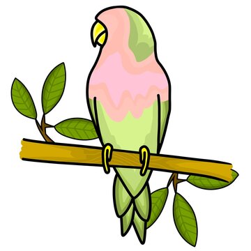 Colorful parrot set sitting on tree branch. Pastel lovebird cartoon illustration. Perfect for kids design, stickers, nursery wall art, greeting cards, digital prints, and educational materials.