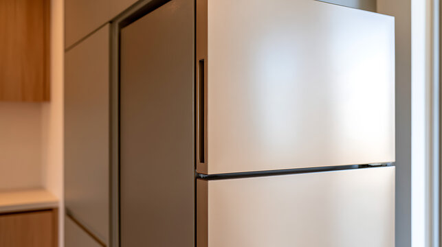 Modern minimalist kitchen interior showcase focusing on a sleek stainless steel refrigerator with integrated handle in luxury home property