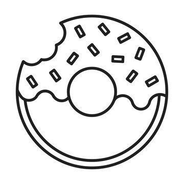 Minimalist monoline icon of a glazed donut with sprinkles and a bite mark on a white background, sweet food and snack concept