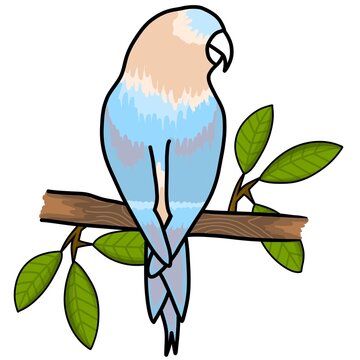 Colorful parrot set sitting on tree branch. Pastel lovebird cartoon illustration. Perfect for kids design, stickers, nursery wall art, greeting cards, digital prints, and educational materials.