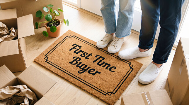 A couple is standing on a welcome mat that says First Time Buyer. They are near an entrance of a new home. Moving boxes are scattered around the floor