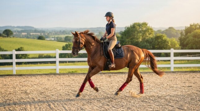 Female equestrian riding a trotting horse in outdoor riding arena