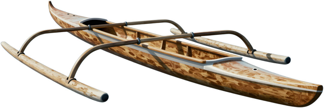 Wooden outrigger canoe isolated on blue background