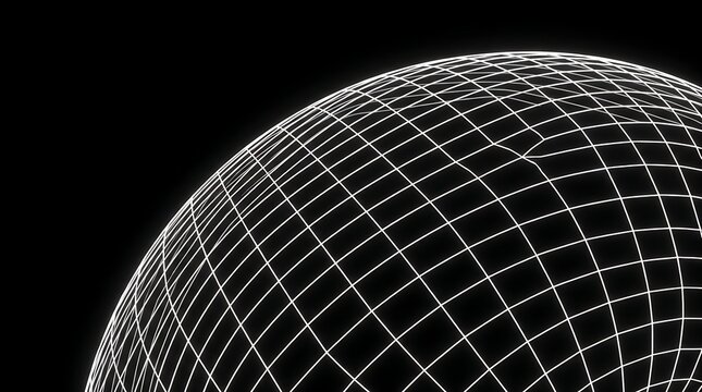 Wireframe globe grid structure on black background, abstract geometric network sphere