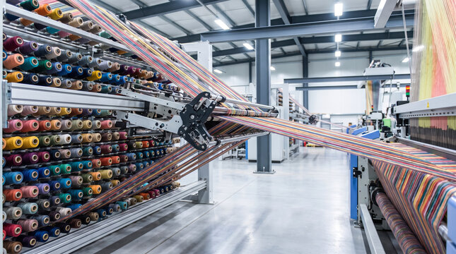 The scene shows a factory with a textile machine in action. Colorful spools of thread are arranged neatly in rows. The machine moves threads to create fabric. This takes place indoors during daytime