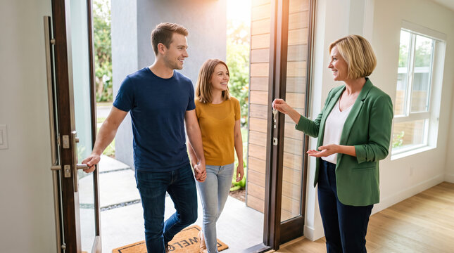 A real estate agent hands over keys to a couple at their new house. The couple stands at the entrance looking happy. It is daytime with sunlight shining