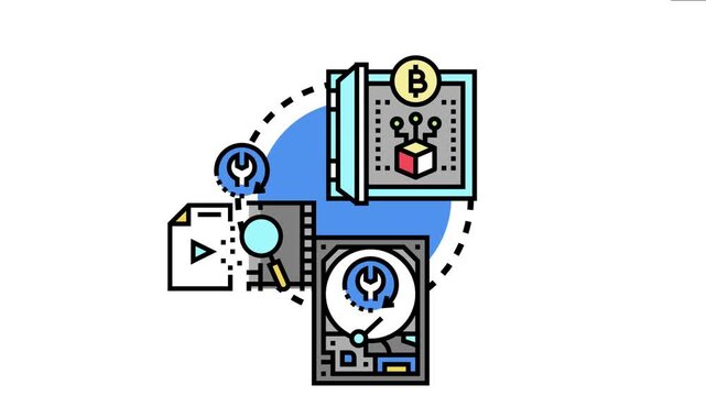 Recovering lost digital cryptocurrency wallet data and seed phrases through data restoration, represented by digital files, hard drives, and a secure vault with a bitcoin symbol