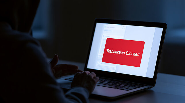 Cybersecurity concept showing a hacker or user facing a red transaction blocked alert message on a laptop screen in dark room setting