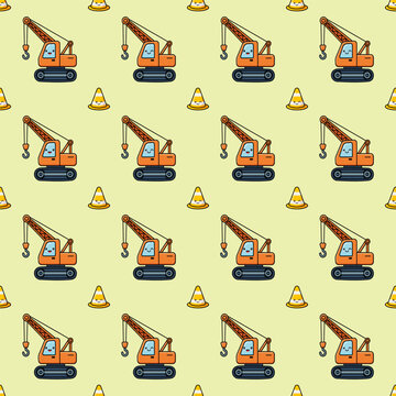 Cute orange crane construction vehicle seamless pattern background for kids nursery wallpaper fabric design