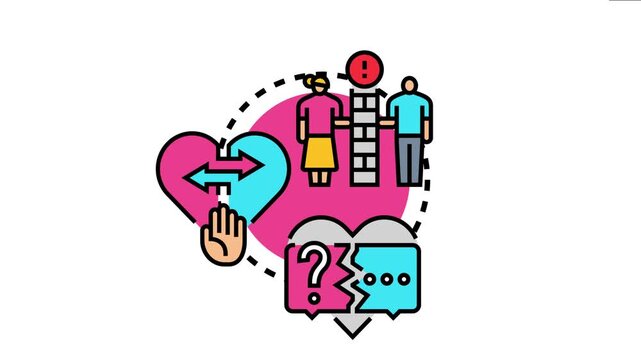 Couple encountering a connection barrier as symbols depict a broken heart, reciprocal communication, and a ruptured speech bubble, relationship difficulties and emotional struggles
