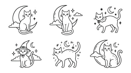 Obraz premium Set of cute black cats with moon, stars, and witch hat