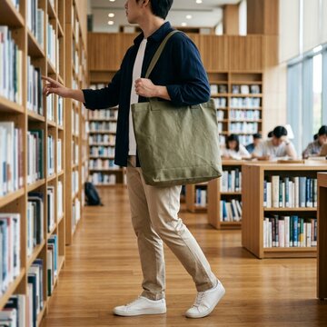Young Student Carrying Olive Green Canvas Tote Bag Mockup in Modern Library