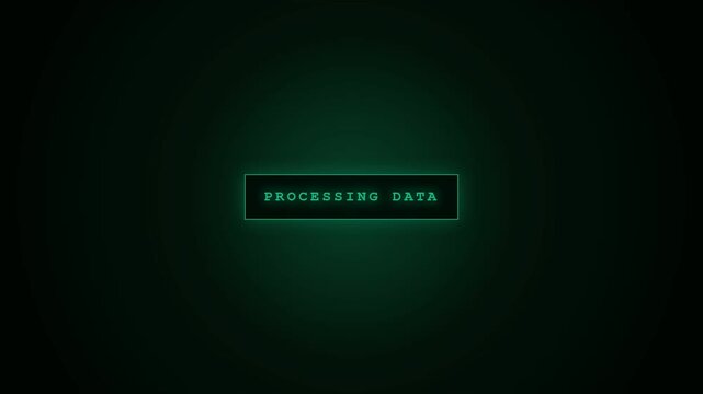 A glowing green digital interface displays the text 'PROCESSING DATA' pulsing against a dark background, evoking a sense of high-tech computer operations or system loading.