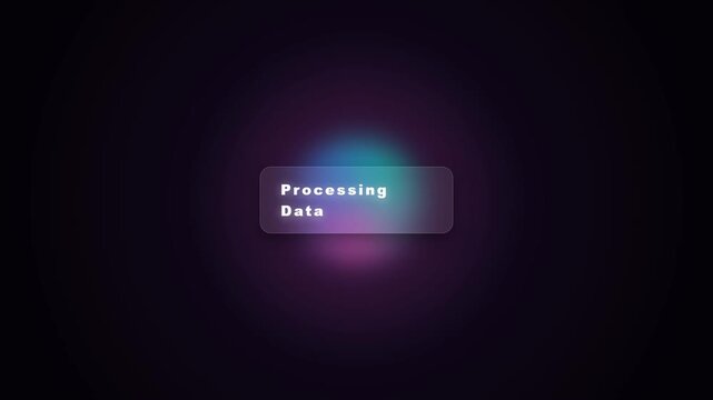 A futuristic abstract animation featuring a glowing, pulsating orb of pink and cyan light with a 'Processing Data' text label, symbolizing digital computation on a dark background.