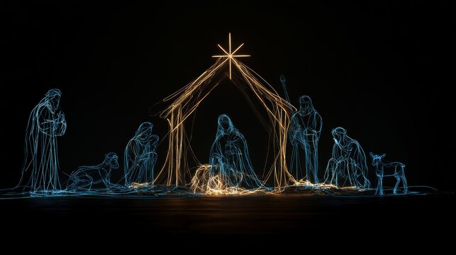 Modern interpretation of the nativity scene, silhouettes made of glowing neon light lines against a dark background