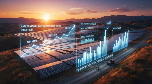 Solar farm with digital financial data and analytics visualization