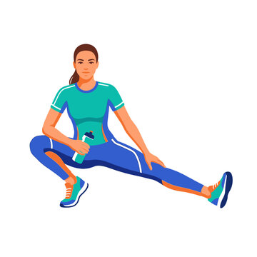 Athletic Woman Performing Dynamic Straddle Stretch With Water Bottle