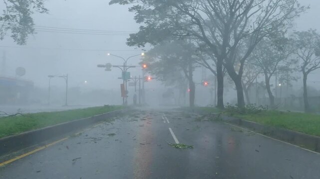 Driving Through Urban Streets In Violent Hurricane Wind And Heavy Rain