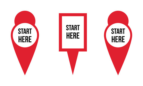 Set of three red map pointer with start here text labels