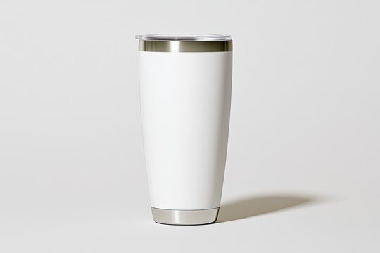 Tall white tumbler with metallic accents, against a plain backdrop