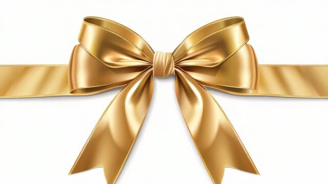 A radiant golden ribbon tied into an elegant bow against a clean white backdrop. The soft light highlights the luxurious texture of the ribbon, accentuating its graceful curves.
