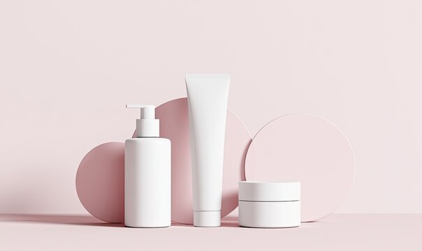 Minimalist white cosmetic bottles and jar arranged with soft pink geometric shapes