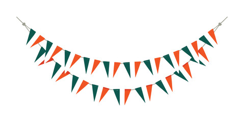 Fototapeta premium Two rows of orange and dark green triangular bunting flags hanging on a string