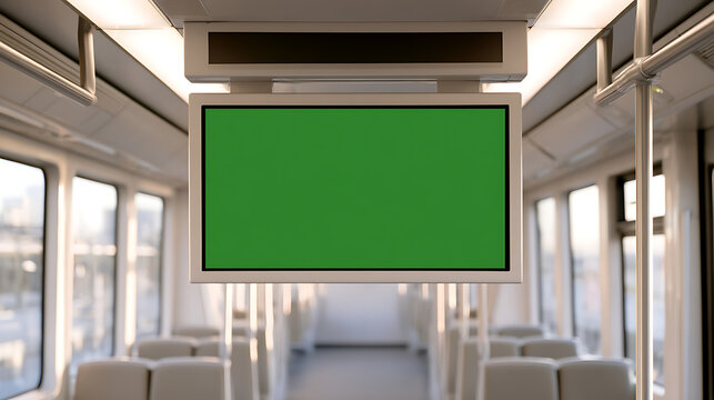 Blank mock up digital green screen information display mounted inside modern commuter train carriage interior public transit passenger car