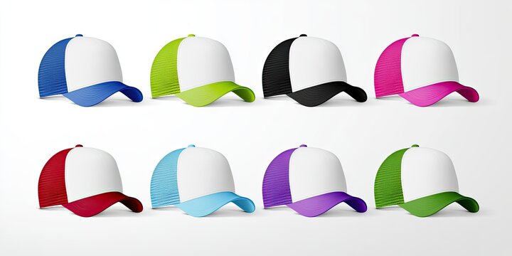 Eight colorful trucker caps with white panels arranged in two rows