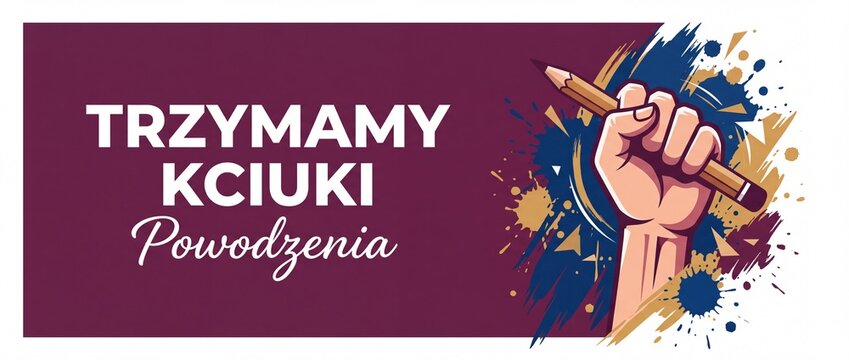 Raised Fist Pencil Good Luck Banner with Polish Text Trzymamy Kciuki Powodzenia for Exam Success Motivation Victory Support Illustration Concept isolated on maroon dynamic paint splatter background.