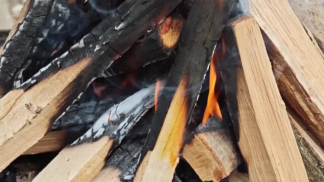 barbecue open fire with chopped wood