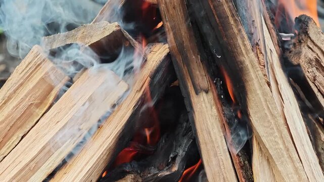 barbecue open fire with chopped wood