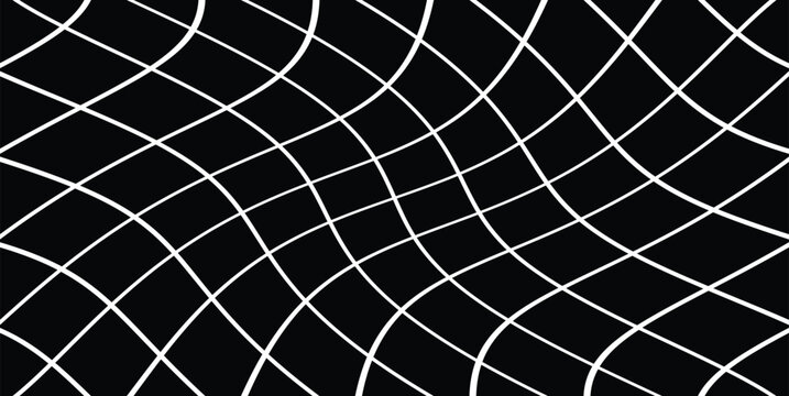 White distorted geometric grid net pattern with curved lines on a solid black background. Futuristic abstract wave texture for modern digital design.