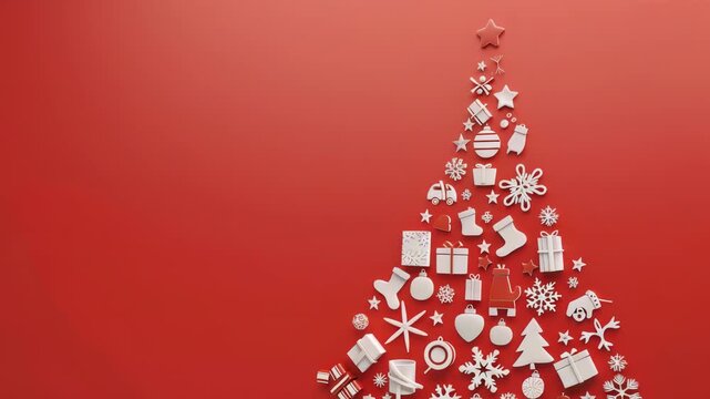 A creative flat lay of Christmas icons arranged in a tree shape against a red backdrop. Presents, stars and snowflakes are arranged for a decorative and festive holiday composition.